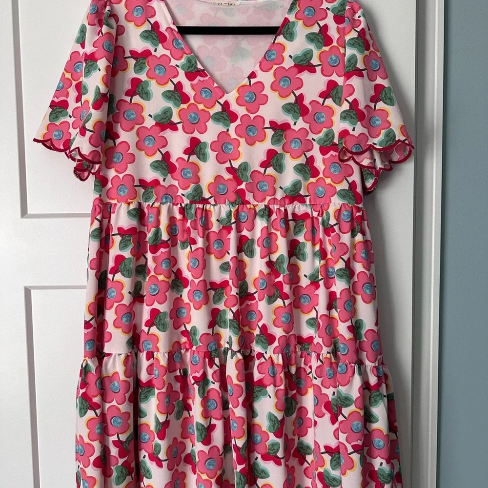 JODIFL Pink Floral Mini Dress with Green Leaves and Blue Centers - Picture 2 of 4